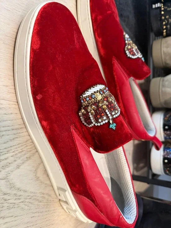 Versace Red Velvet Slip-On Loafers with Embellished Crown - Picture 7 of 9